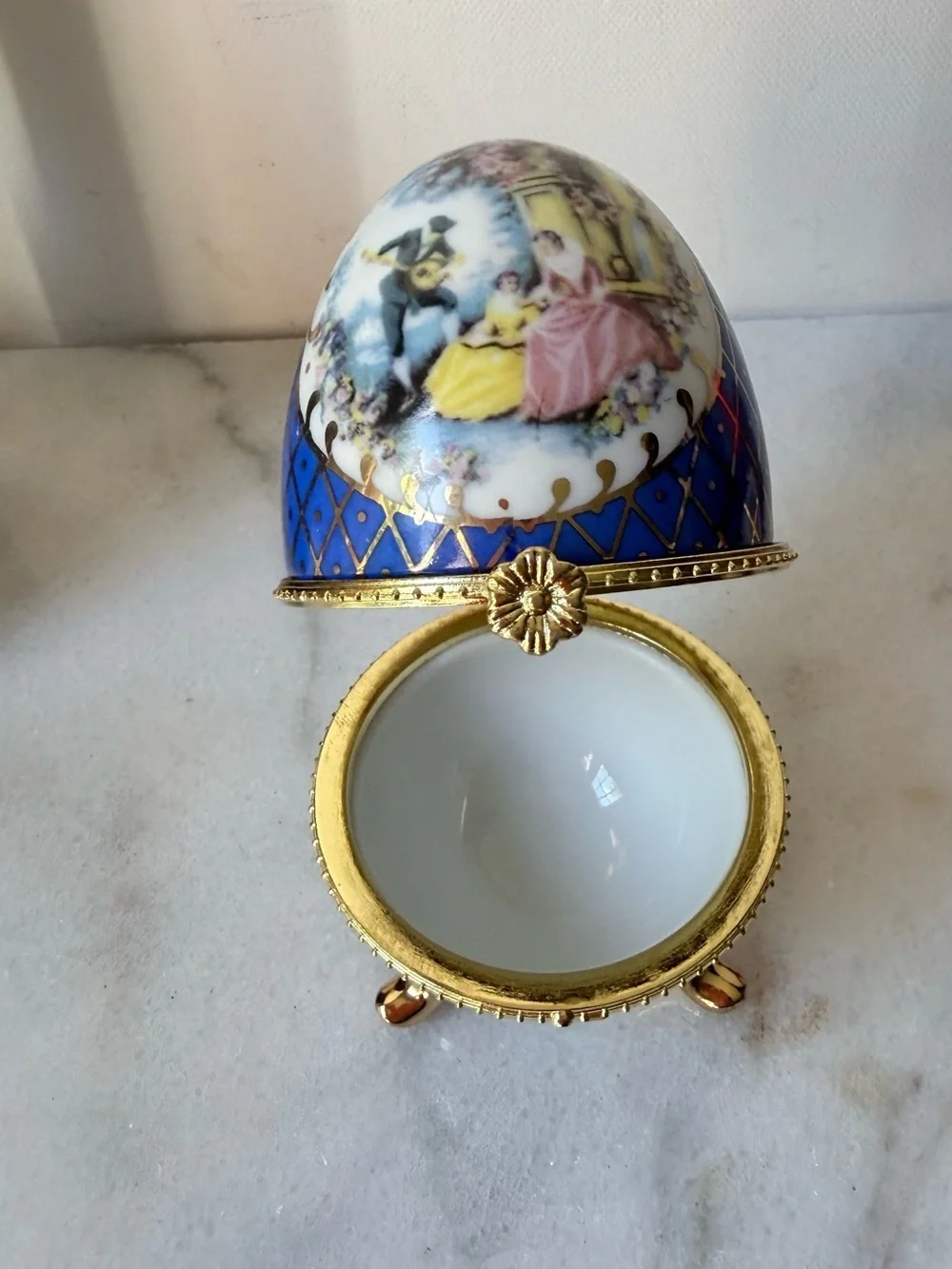Blue Decorative Porcelain Egg Trinket Box with Gold Accents